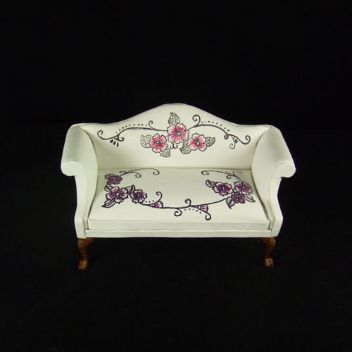 OOAK White Leather Sofa w/ hand-painted flower in 1" scale